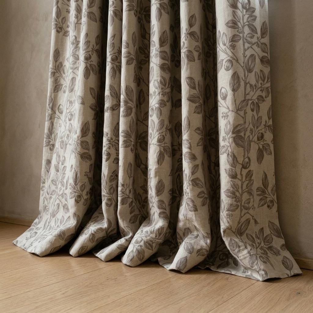 Heavy Pure Linen Curtains, Taupe Botanical Leaf Vine Drapes, Oatmeal Beige Blackout or Cotton Lined Panels — image 4