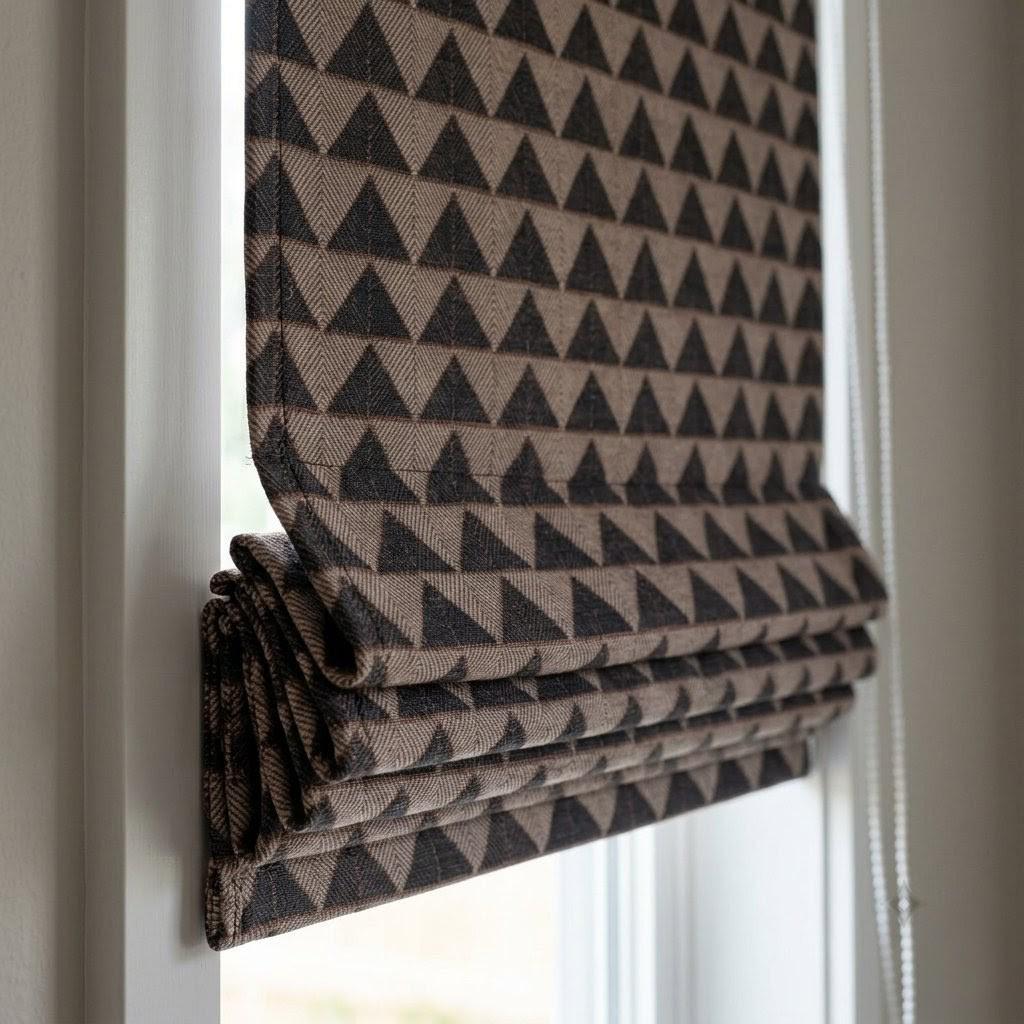 Boho Tribal Roman Shade, Black Beige Rust Geometric Cotton Corded Blind, Custom Blackout or Light Filtering Window Shade — image 1