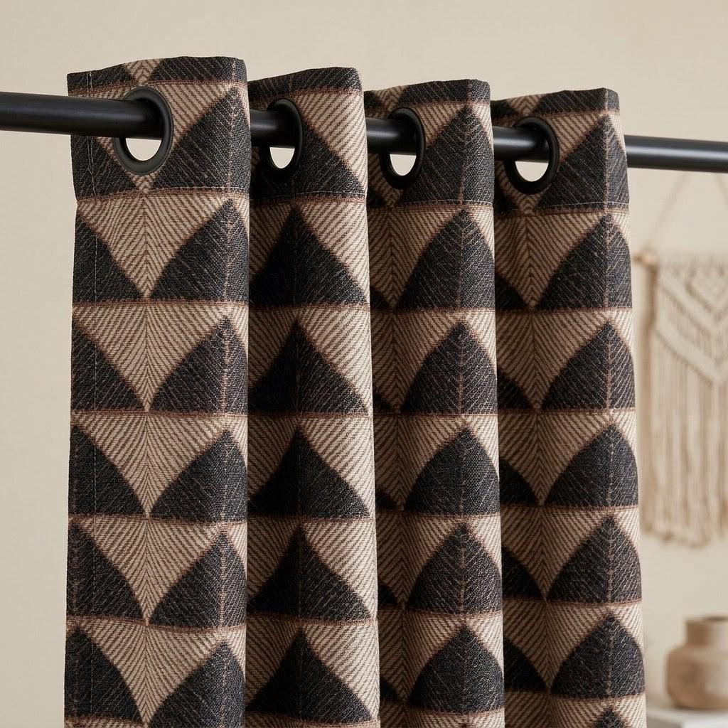 Ivory Rust Black Tribal Cotton Curtains, Heavy Boho Drapes, Custom Blackout Cafe Curtain Panels — image 3