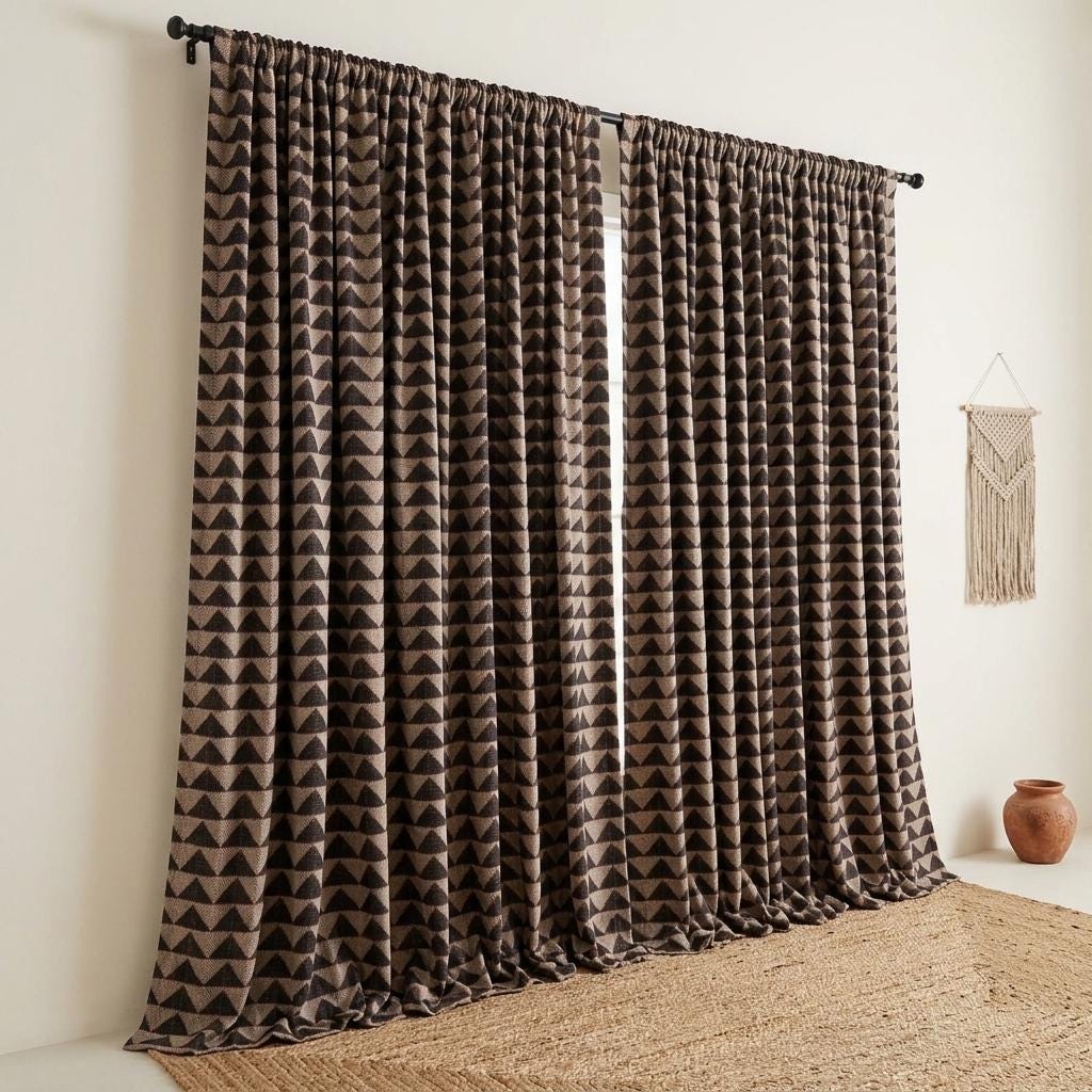 Ivory Rust Black Tribal Cotton Curtains, Heavy Boho Drapes, Custom Blackout Cafe Curtain Panels — image 6