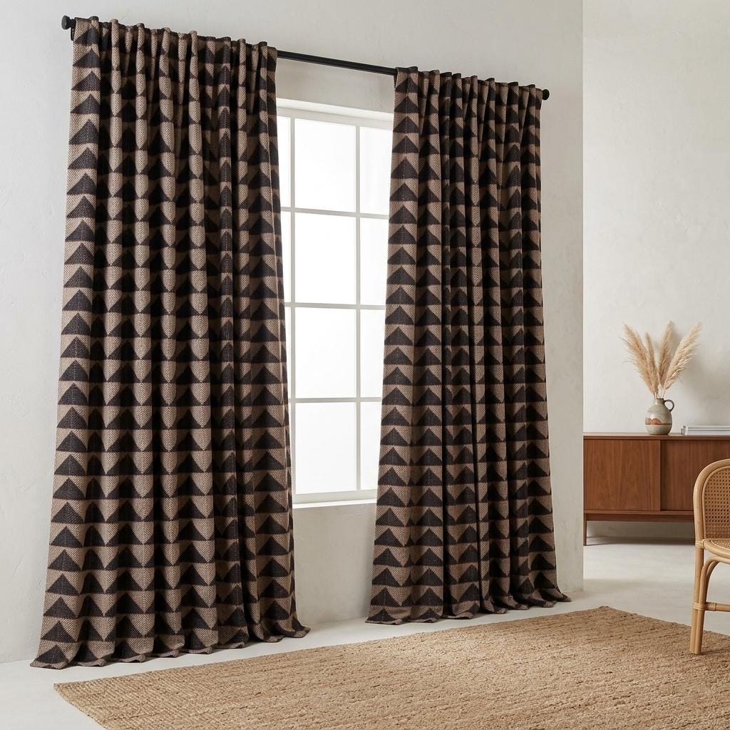 Ivory Rust Black Tribal Cotton Curtains, Heavy Boho Drapes, Custom Blackout Cafe Curtain Panels — image 8