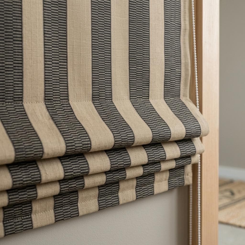 Striped Roman Shade, Beige Black Tribal Cotton Corded Blind, Custom Blackout or Light Filtering Boho Window Shade — image 1