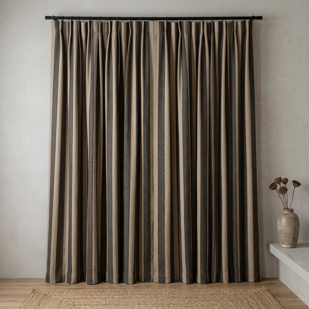 Beige Black Tribal Stripe Cotton Curtains, Heavy Boho Farmhouse Drapes, Custom Blackout Cafe Curtain Panels — image 3