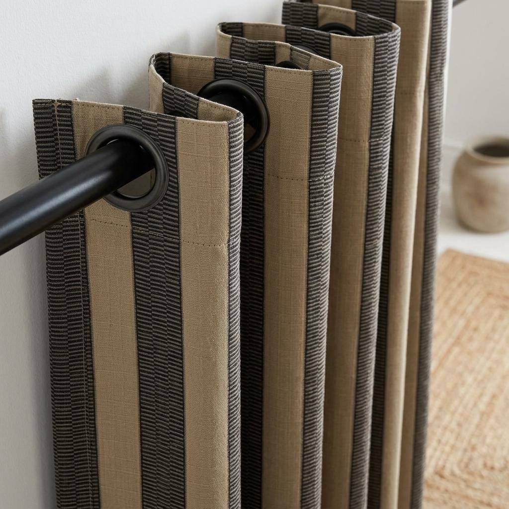 Beige Black Tribal Stripe Cotton Curtains, Heavy Boho Farmhouse Drapes, Custom Blackout Cafe Curtain Panels — image 1