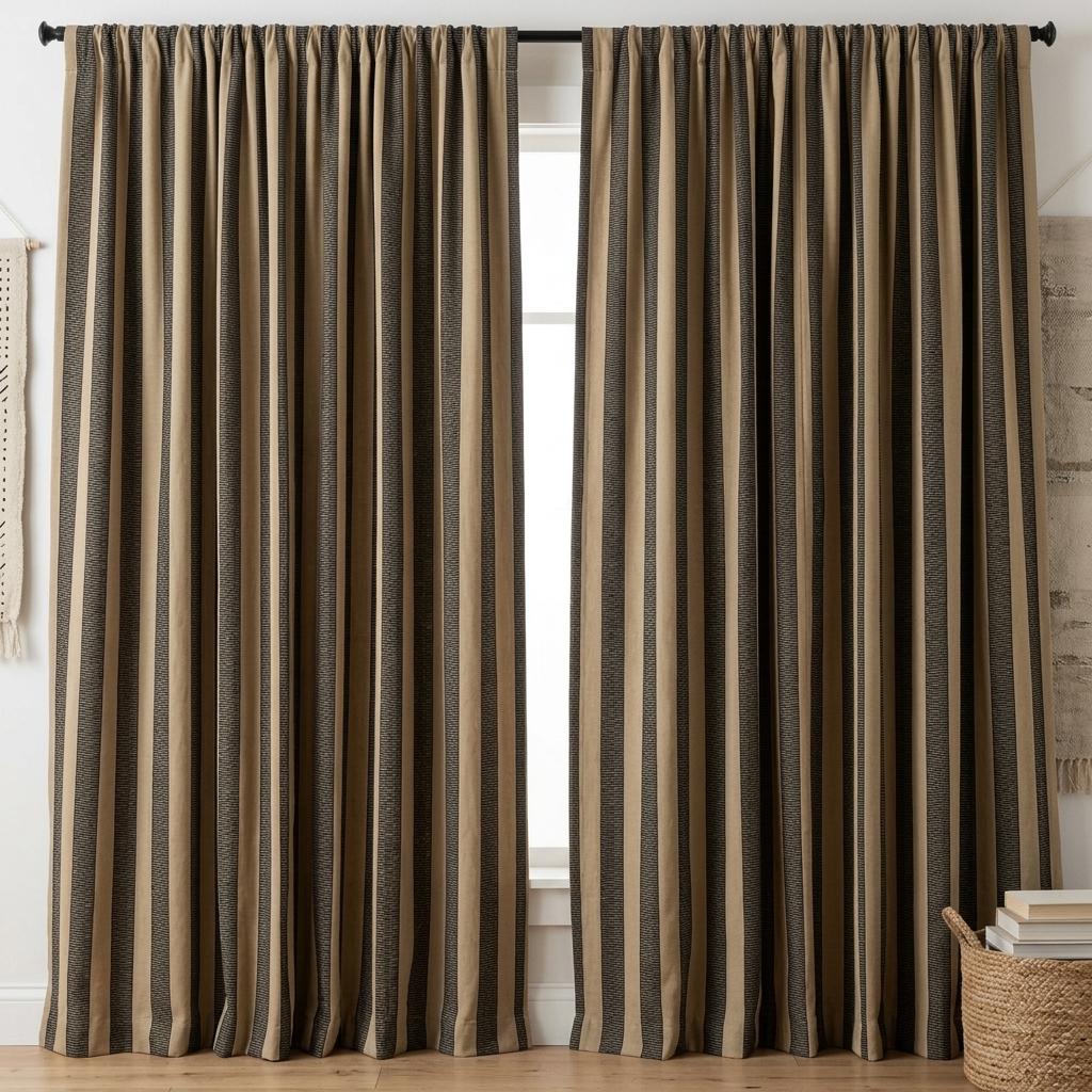 Beige Black Tribal Stripe Cotton Curtains, Heavy Boho Farmhouse Drapes, Custom Blackout Cafe Curtain Panels — image 9
