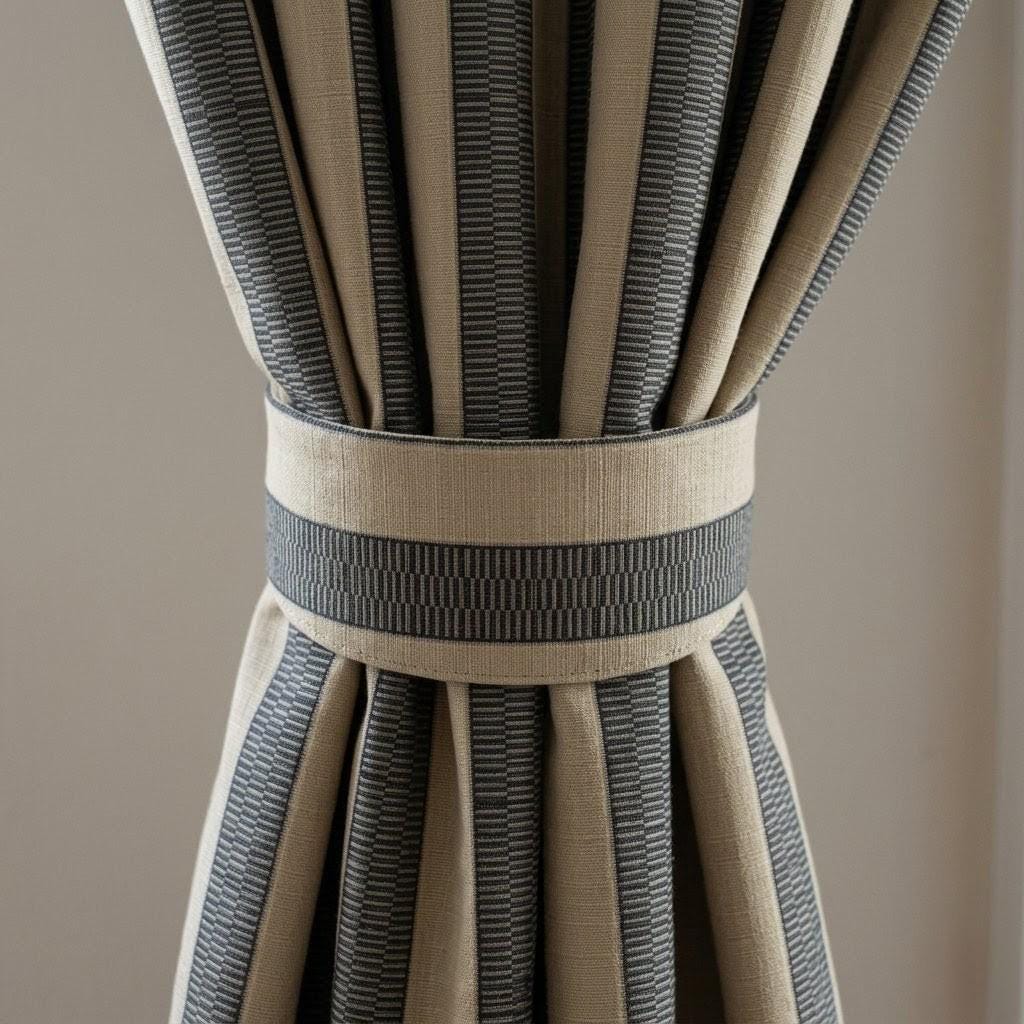 Beige Black Tribal Stripe Cotton Curtains, Heavy Boho Farmhouse Drapes, Custom Blackout Cafe Curtain Panels — image 4