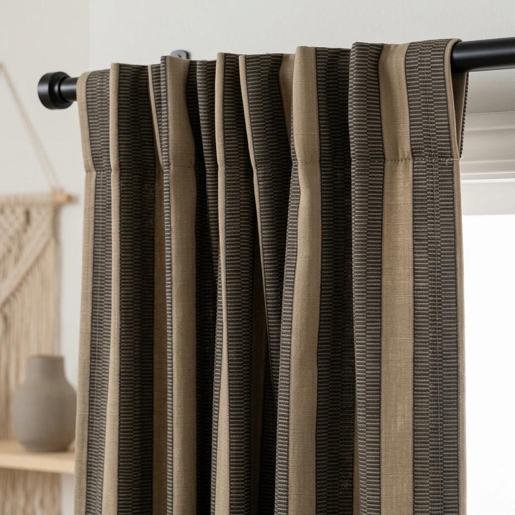 Beige Black Tribal Stripe Cotton Curtains, Heavy Boho Farmhouse Drapes, Custom Blackout Cafe Curtain Panels — image 6
