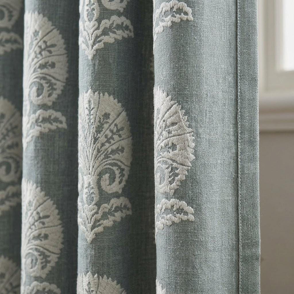 Dusty Blue Grey Linen Curtains, Ivory Damask Embroidered Drapes, Heavy Linen Blackout Panels, Custom Window Curtains — image 7