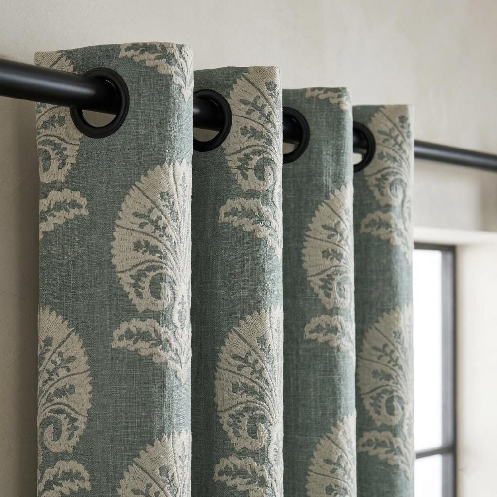Dusty Blue Grey Linen Curtains, Ivory Damask Embroidered Drapes, Heavy Linen Blackout Panels, Custom Window Curtains — image 6