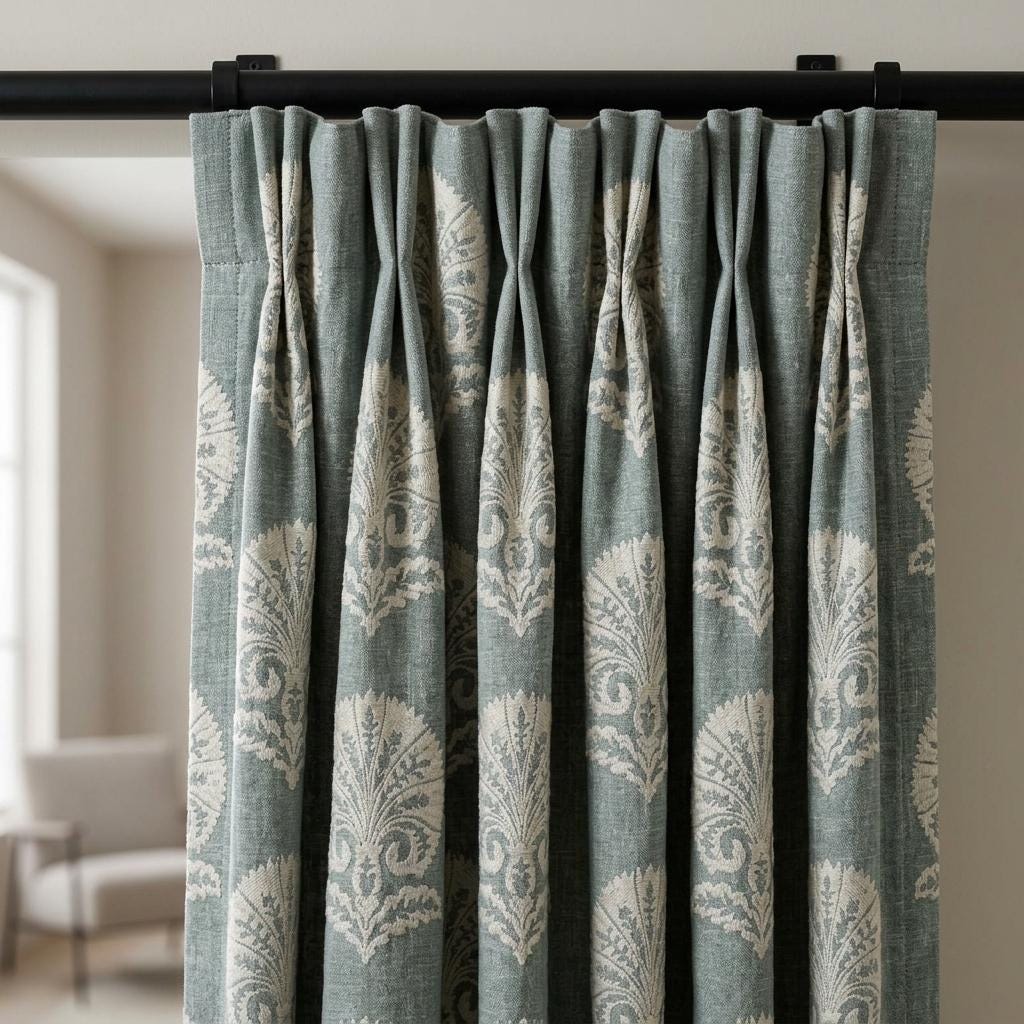 Dusty Blue Grey Linen Curtains, Ivory Damask Embroidered Drapes, Heavy Linen Blackout Panels, Custom Window Curtains — image 10