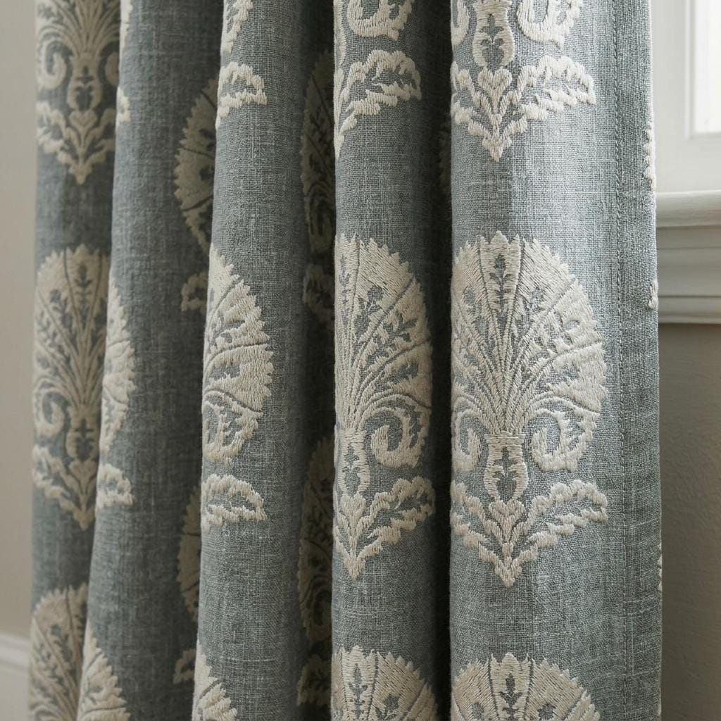 Dusty Blue Grey Linen Curtains, Ivory Damask Embroidered Drapes, Heavy Linen Blackout Panels, Custom Window Curtains — image 1