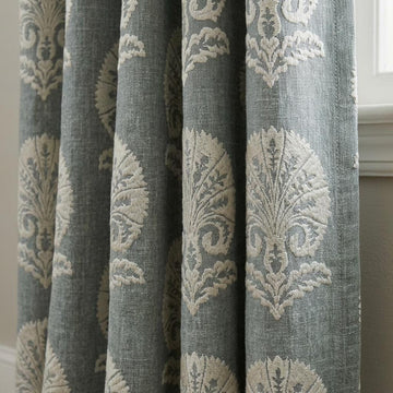 Dusty Blue Grey Linen Curtains, Ivory Damask Embroidered Drapes, Heavy Linen Blackout Panels, Custom Window Curtains — image 1