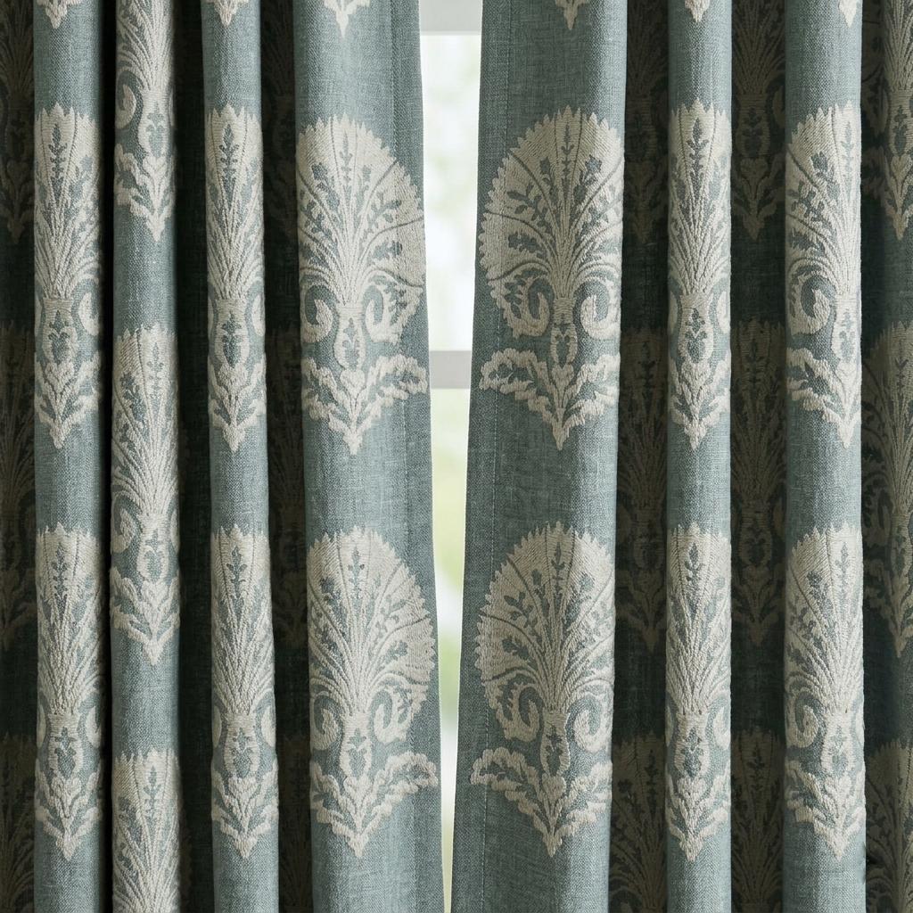 Dusty Blue Grey Linen Curtains, Ivory Damask Embroidered Drapes, Heavy Linen Blackout Panels, Custom Window Curtains — image 9