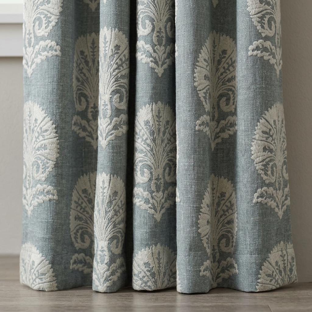 Dusty Blue Grey Linen Curtains, Ivory Damask Embroidered Drapes, Heavy Linen Blackout Panels, Custom Window Curtains — image 3