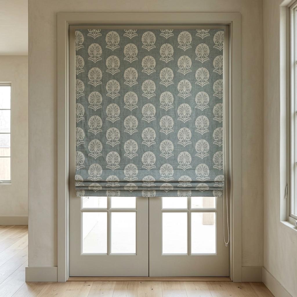 Slate Blue Gray Linen Roman Shade, Ivory Embroidered Damask Roman Blind, Custom Corded Blackout or Cotton Lined Window Shade — image 4