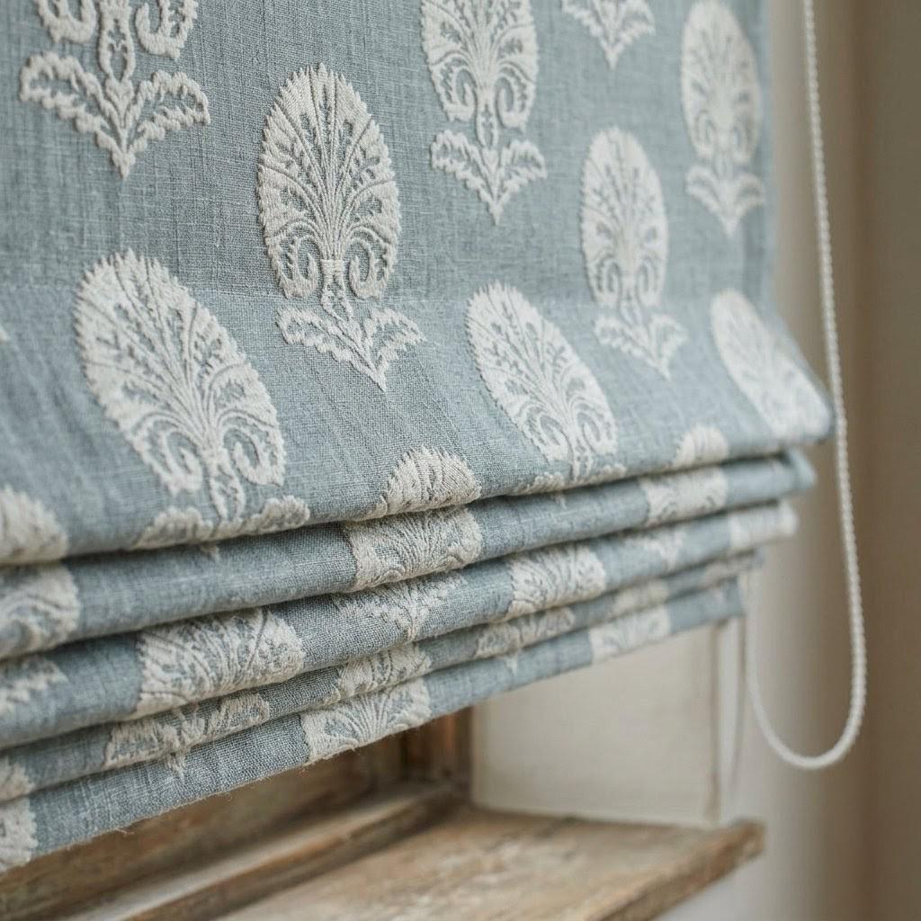 Slate Blue Gray Linen Roman Shade, Ivory Embroidered Damask Roman Blind, Custom Corded Blackout or Cotton Lined Window Shade — image 8
