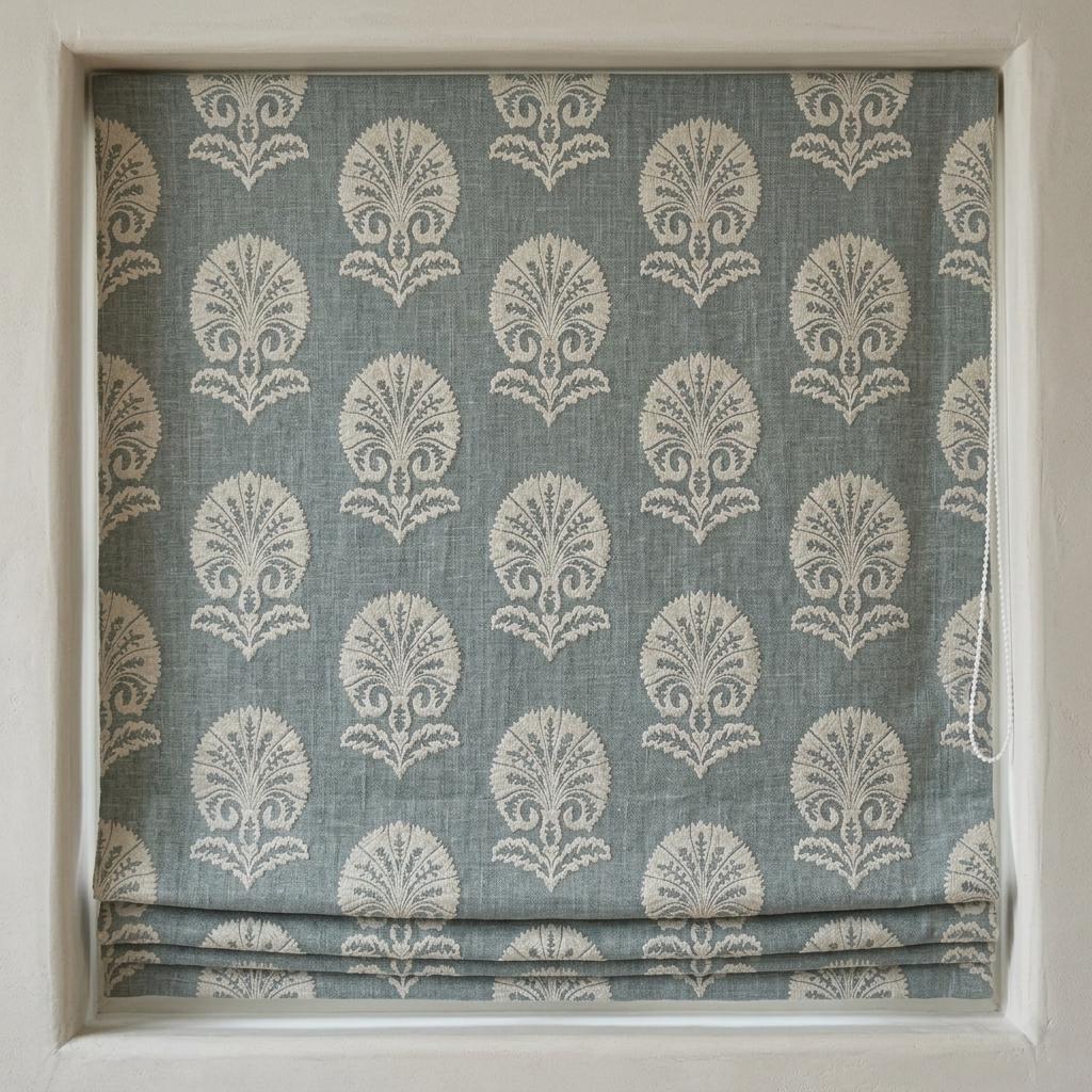 Slate Blue Gray Linen Roman Shade, Ivory Embroidered Damask Roman Blind, Custom Corded Blackout or Cotton Lined Window Shade — image 7
