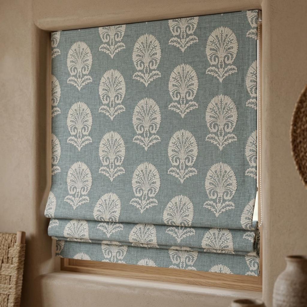Slate Blue Gray Linen Roman Shade, Ivory Embroidered Damask Roman Blind, Custom Corded Blackout or Cotton Lined Window Shade — image 9
