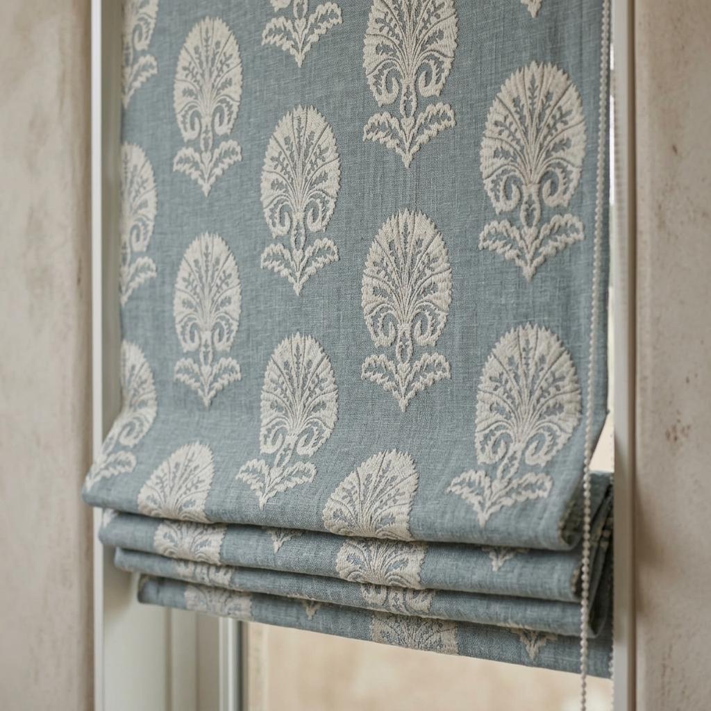 Slate Blue Gray Linen Roman Shade, Ivory Embroidered Damask Roman Blind, Custom Corded Blackout or Cotton Lined Window Shade — image 1