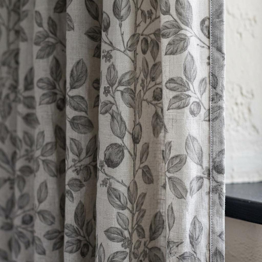 Heavy Pure Linen Curtains, Gray Taupe Botanical Leaf Vine Drapes, Oatmeal Beige Blackout or Cotton Lined Panels — image 1
