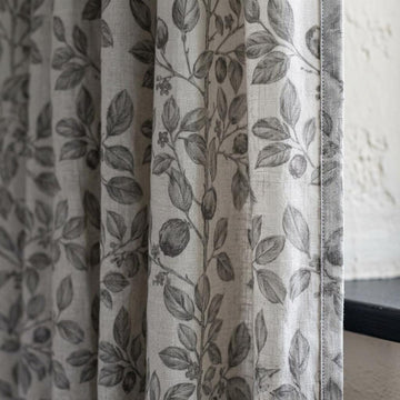 Heavy Pure Linen Curtains, Gray Taupe Botanical Leaf Vine Drapes, Oatmeal Beige Blackout or Cotton Lined Panels — image 1