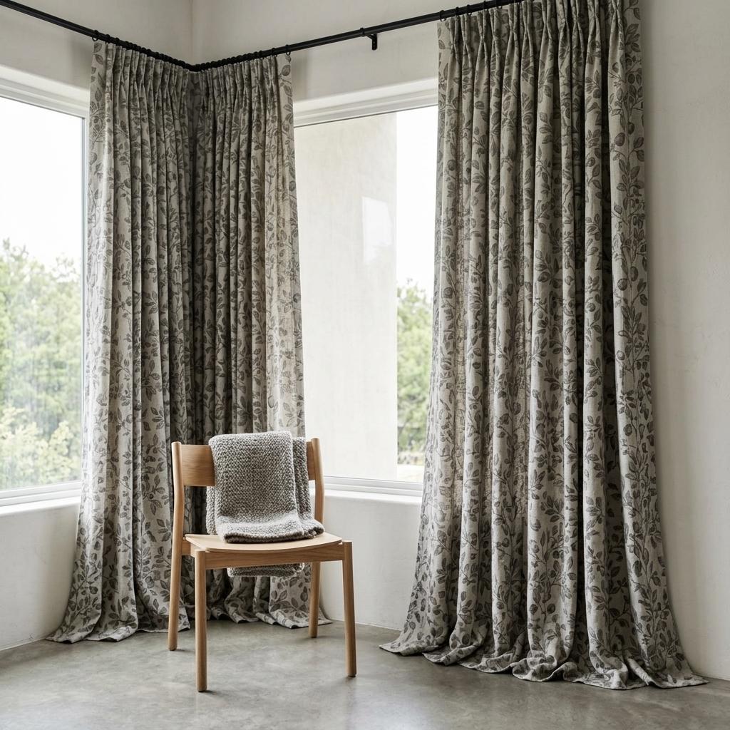 Heavy Pure Linen Curtains, Gray Taupe Botanical Leaf Vine Drapes, Oatmeal Beige Blackout or Cotton Lined Panels — image 6