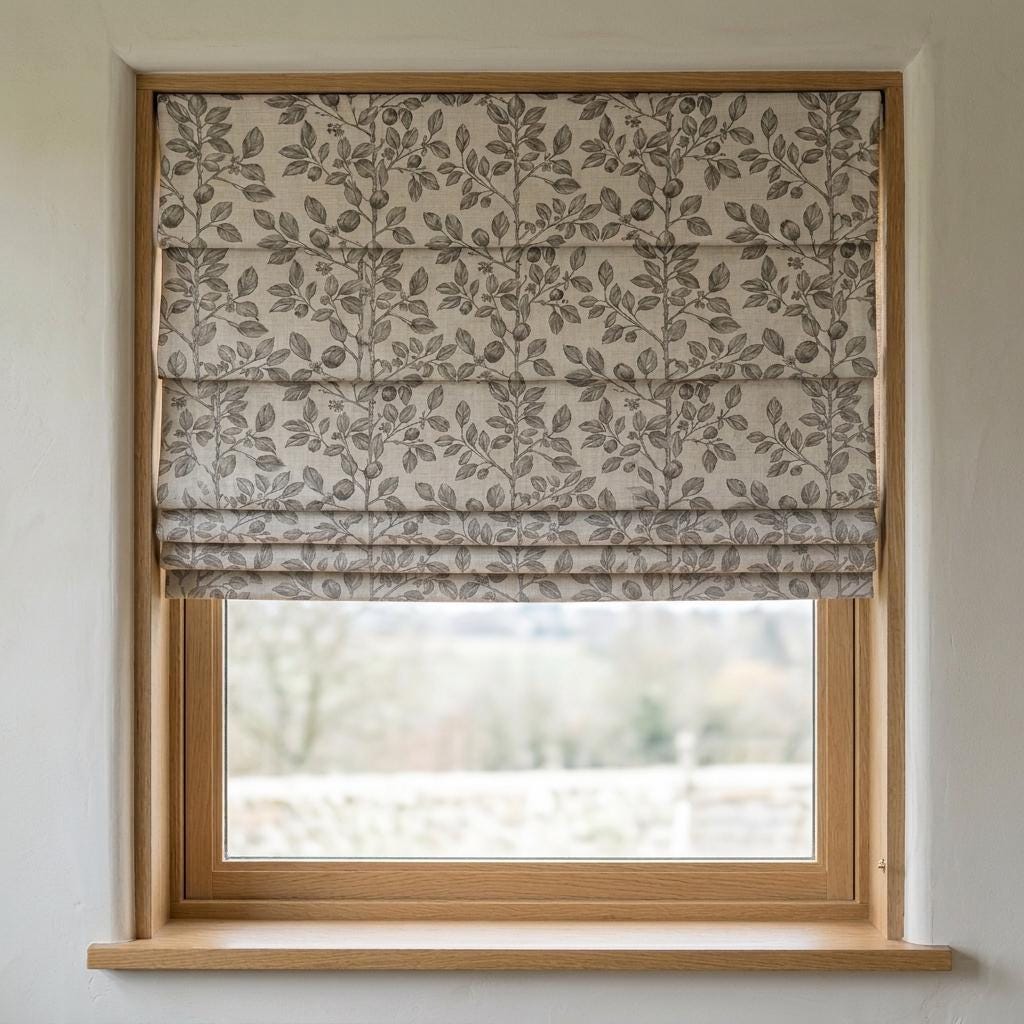Grey Taupe Botanical Linen Roman Shade, Custom Corded Roman Blind, Floral Vine Window Shade, Blackout or Cotton Lined — image 8