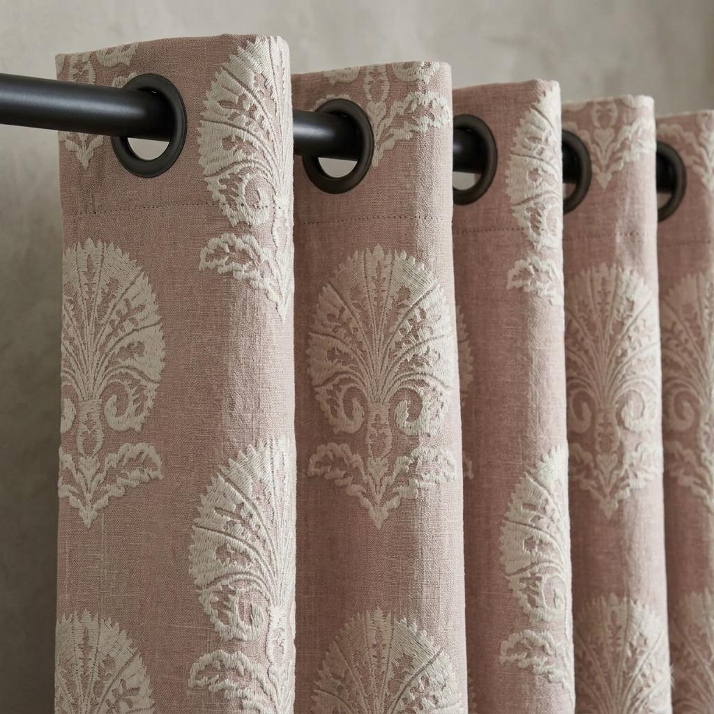 Dusty Rose Taupe Linen Curtains, Ivory Damask Embroidered Drapes, Heavy Linen Blackout Custom Panels — image 3