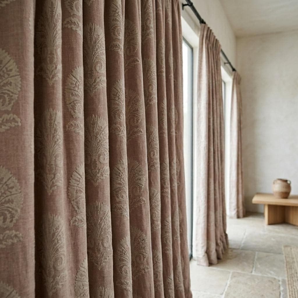 Dusty Rose Taupe Linen Curtains, Ivory Damask Embroidered Drapes, Heavy Linen Blackout Custom Panels — image 2