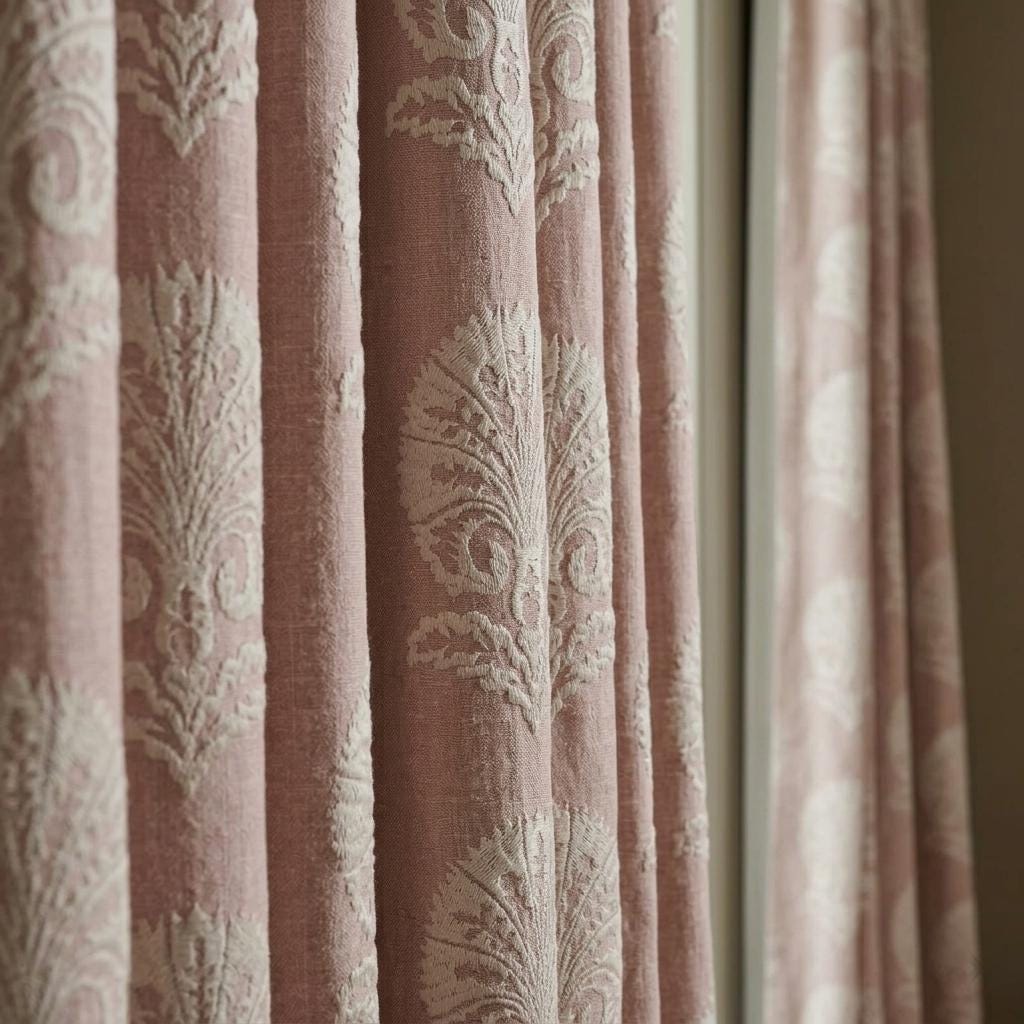 Dusty Rose Taupe Linen Curtains, Ivory Damask Embroidered Drapes, Heavy Linen Blackout Custom Panels — image 4