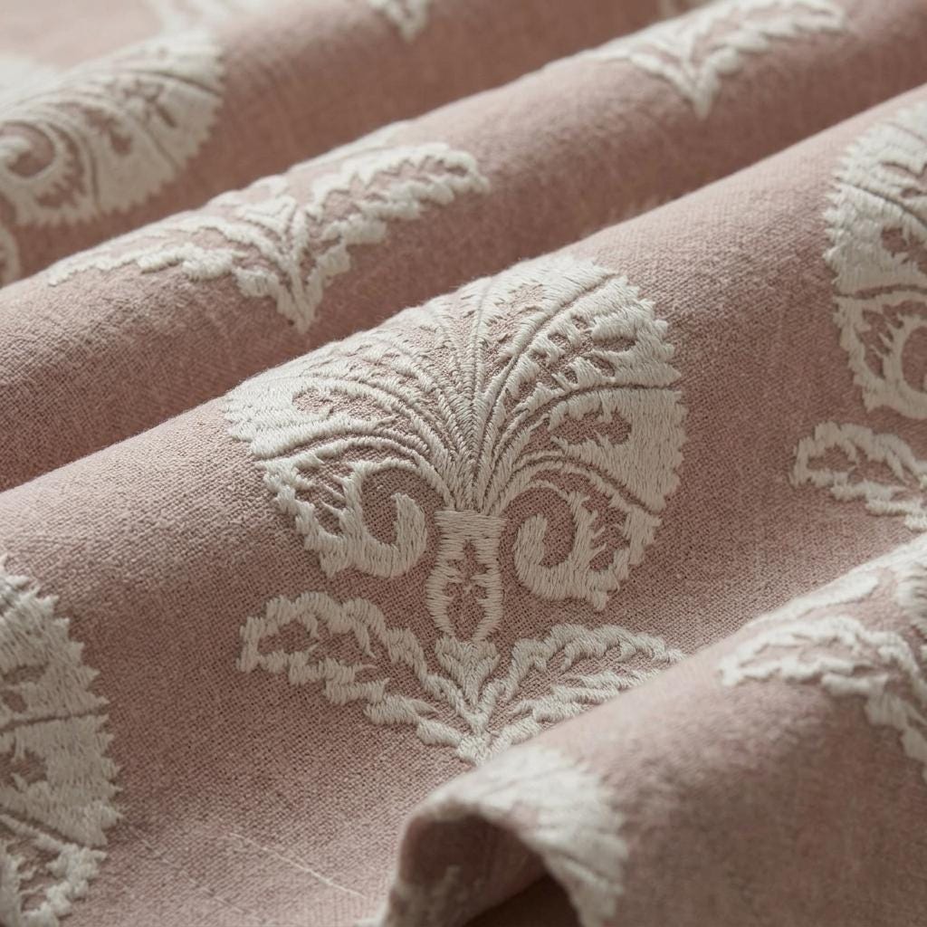 Dusty Rose Taupe Linen Curtains, Ivory Damask Embroidered Drapes, Heavy Linen Blackout Custom Panels — image 8