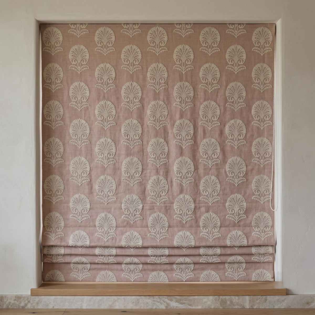 Dusty Mauve Linen Roman Shade, Ivory Embroidered Damask Blind, Custom Corded Blackout or Cotton Lined Window Shade — image 6