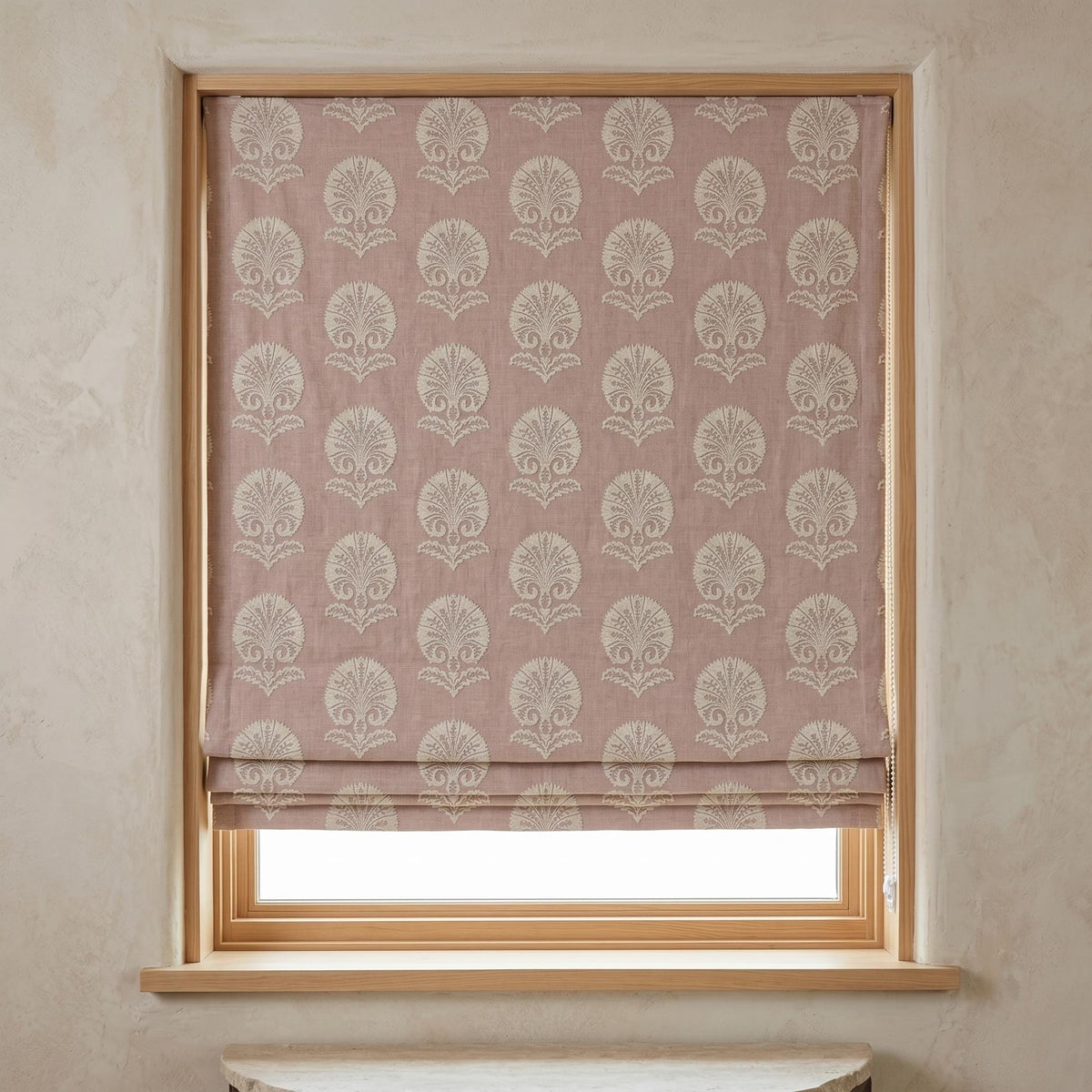 Dusty Mauve Linen Roman Shade, Ivory Embroidered Damask Blind, Custom Corded Blackout or Cotton Lined Window Shade — image 3