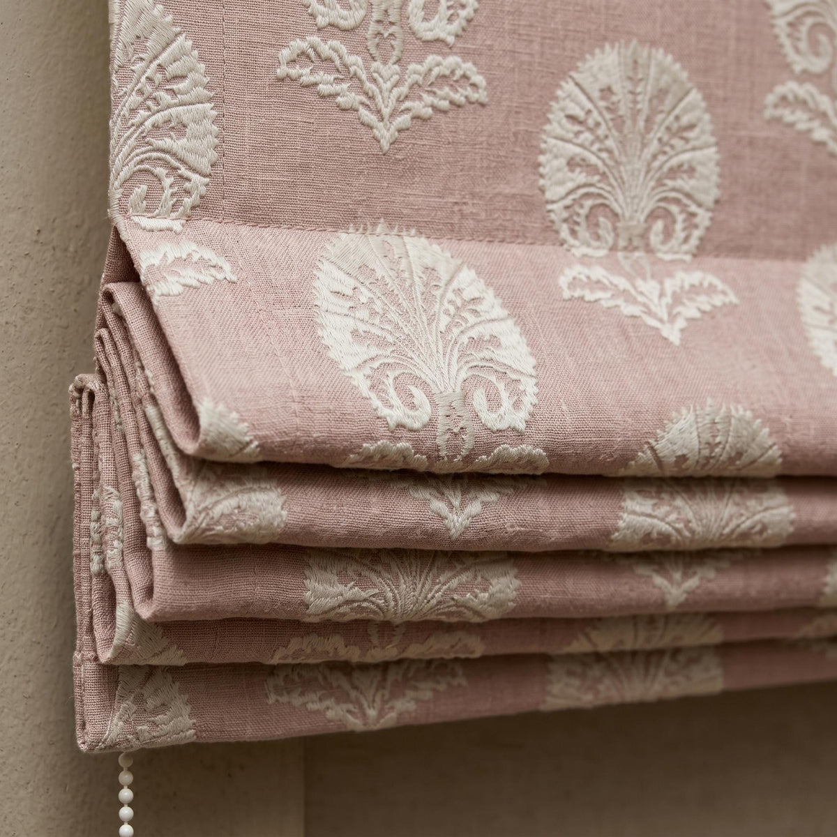 Dusty Mauve Linen Roman Shade, Ivory Embroidered Damask Blind, Custom Corded Blackout or Cotton Lined Window Shade — image 4