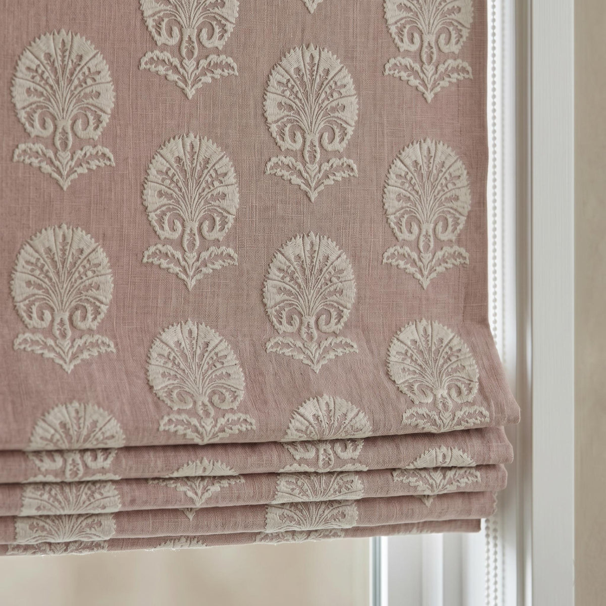 Dusty Mauve Linen Roman Shade, Ivory Embroidered Damask Blind, Custom Corded Blackout or Cotton Lined Window Shade — image 7