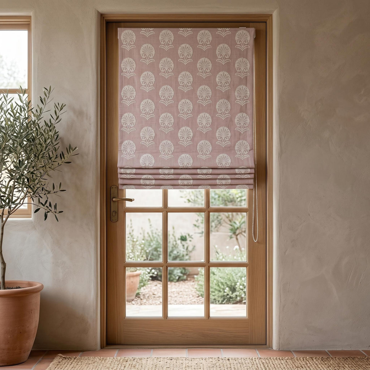 Dusty Mauve Linen Roman Shade, Ivory Embroidered Damask Blind, Custom Corded Blackout or Cotton Lined Window Shade — image 5