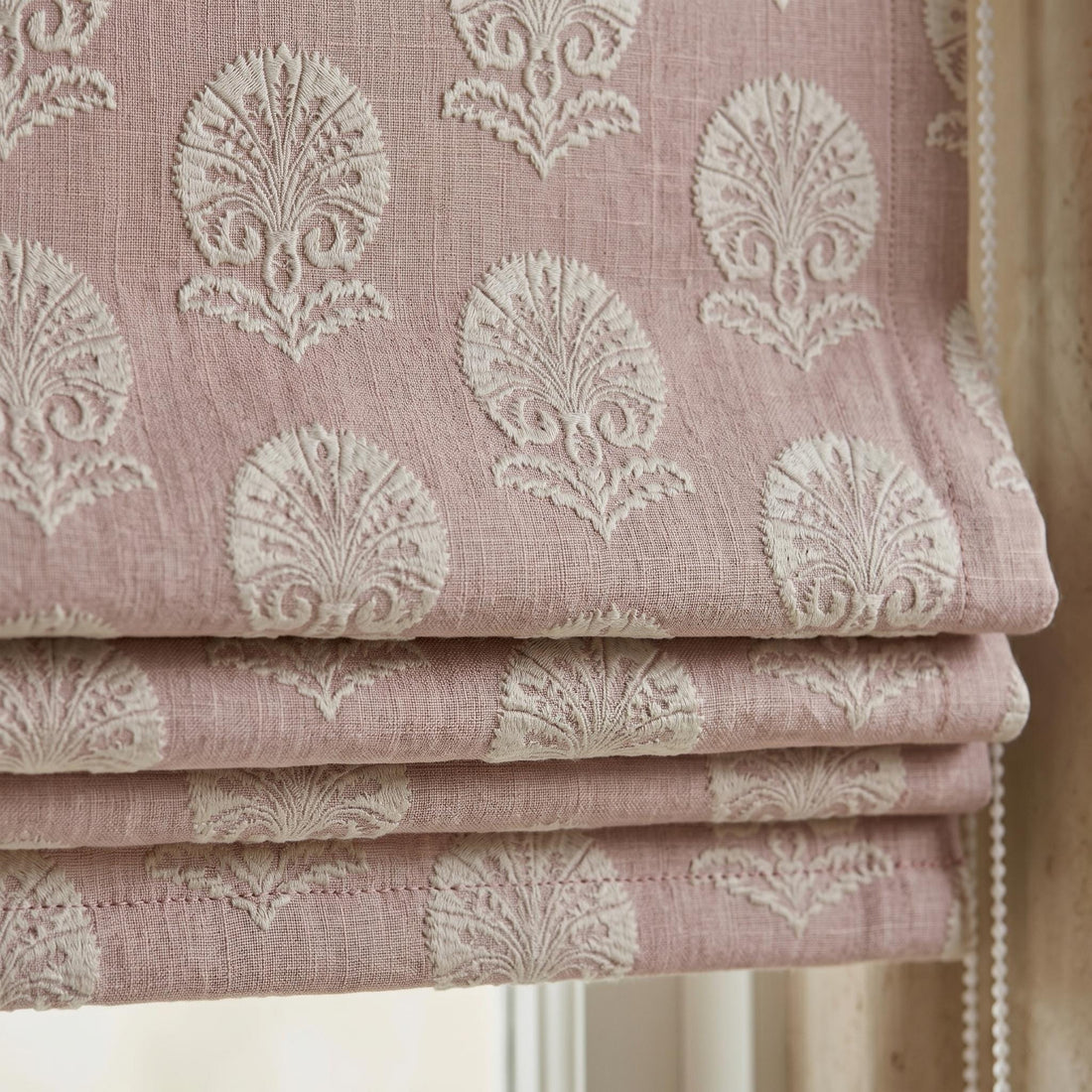 Dusty Mauve Linen Roman Shade, Ivory Embroidered Damask Blind, Custom Corded Blackout or Cotton Lined Window Shade — image 1