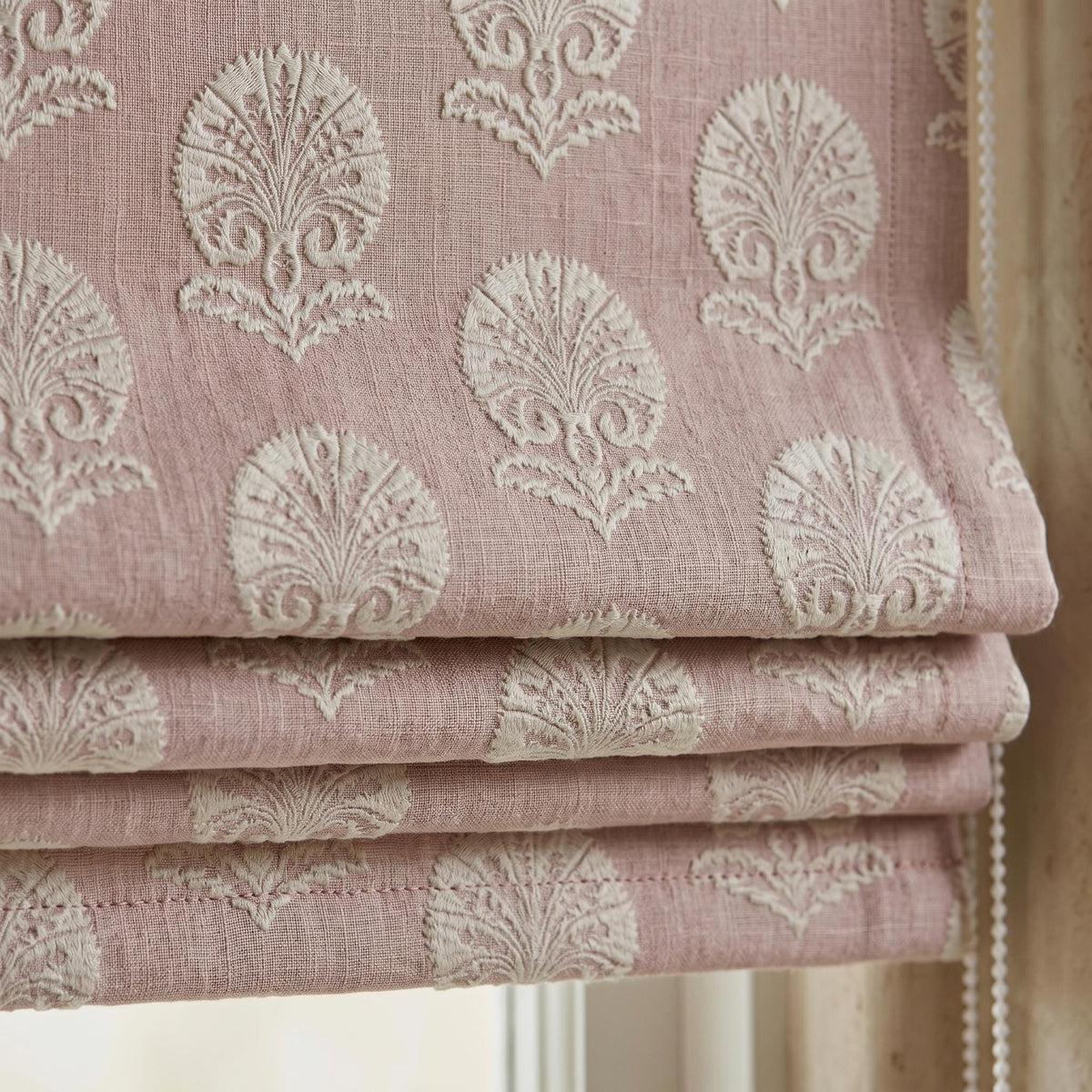 Dusty Mauve Linen Roman Shade, Ivory Embroidered Damask Blind, Custom Corded Blackout or Cotton Lined Window Shade — image 1