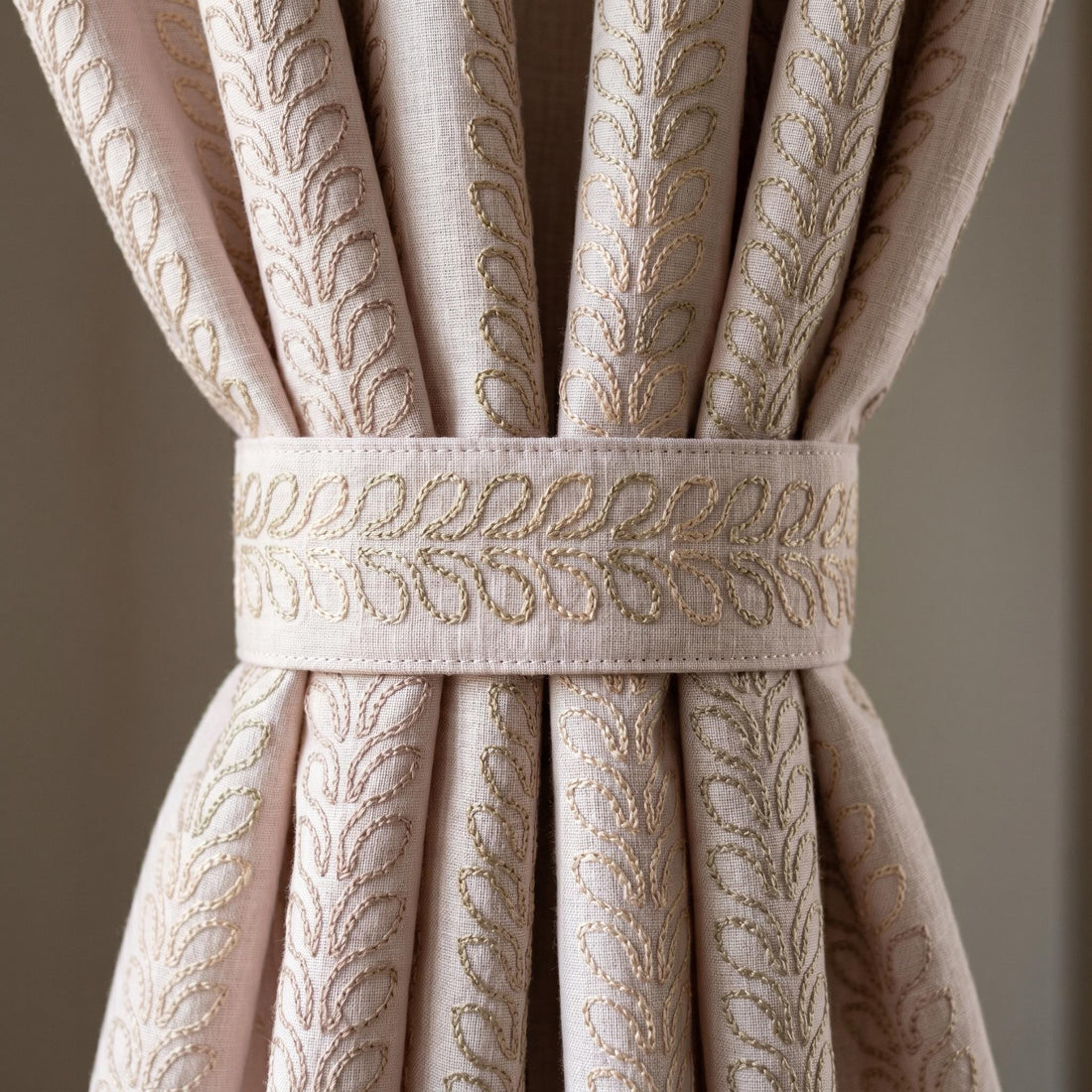Light Pink Linen Curtains, Taupe Leaf Vine Embroidered Drapes, Heavy Linen Blackout Custom Panels — image 1