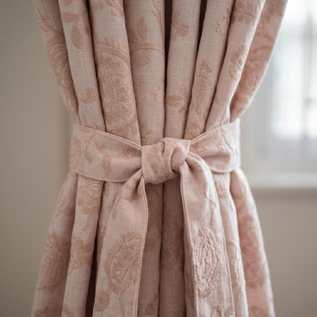 Light Pink Linen Curtains, Blush Floral Vine Embroidered Drapes, Heavy Linen Blackout Custom Window Panels — image 1