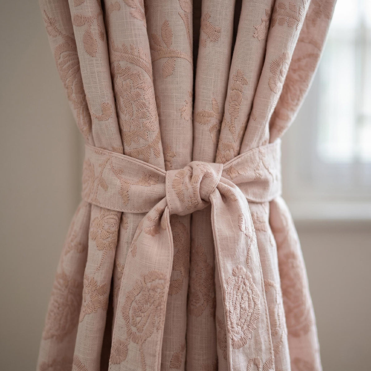 Light Pink Linen Curtains, Blush Floral Vine Embroidered Drapes, Heavy Linen Blackout Custom Window Panels — image 2