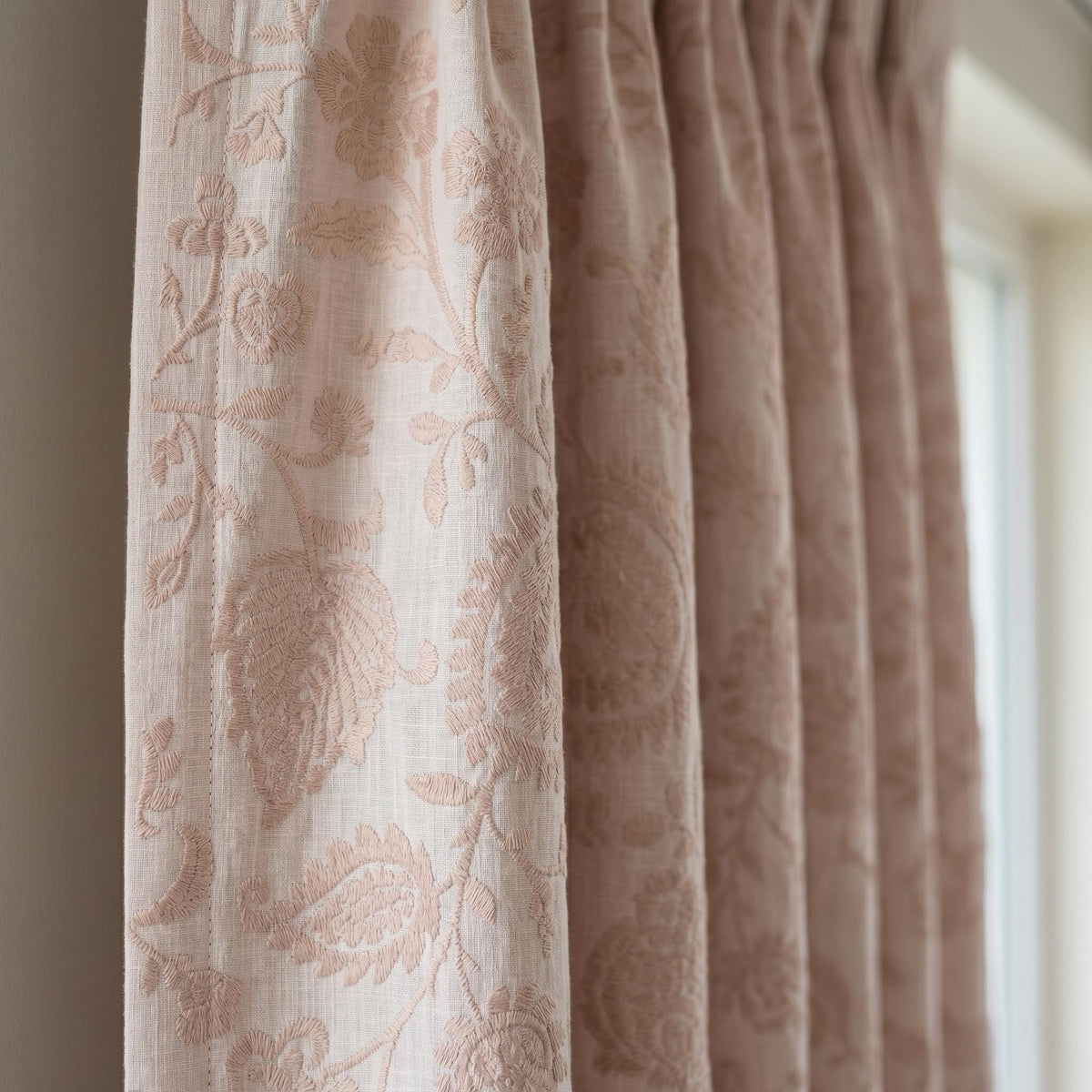 Light Pink Linen Curtains, Blush Floral Vine Embroidered Drapes, Heavy Linen Blackout Custom Window Panels — image 3