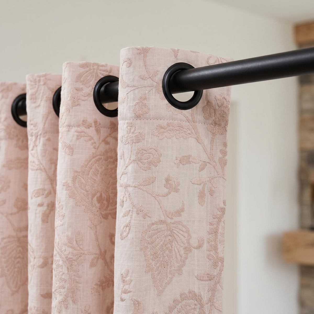 Light Pink Linen Curtains, Blush Floral Vine Embroidered Drapes, Heavy Linen Blackout Custom Window Panels — image 9