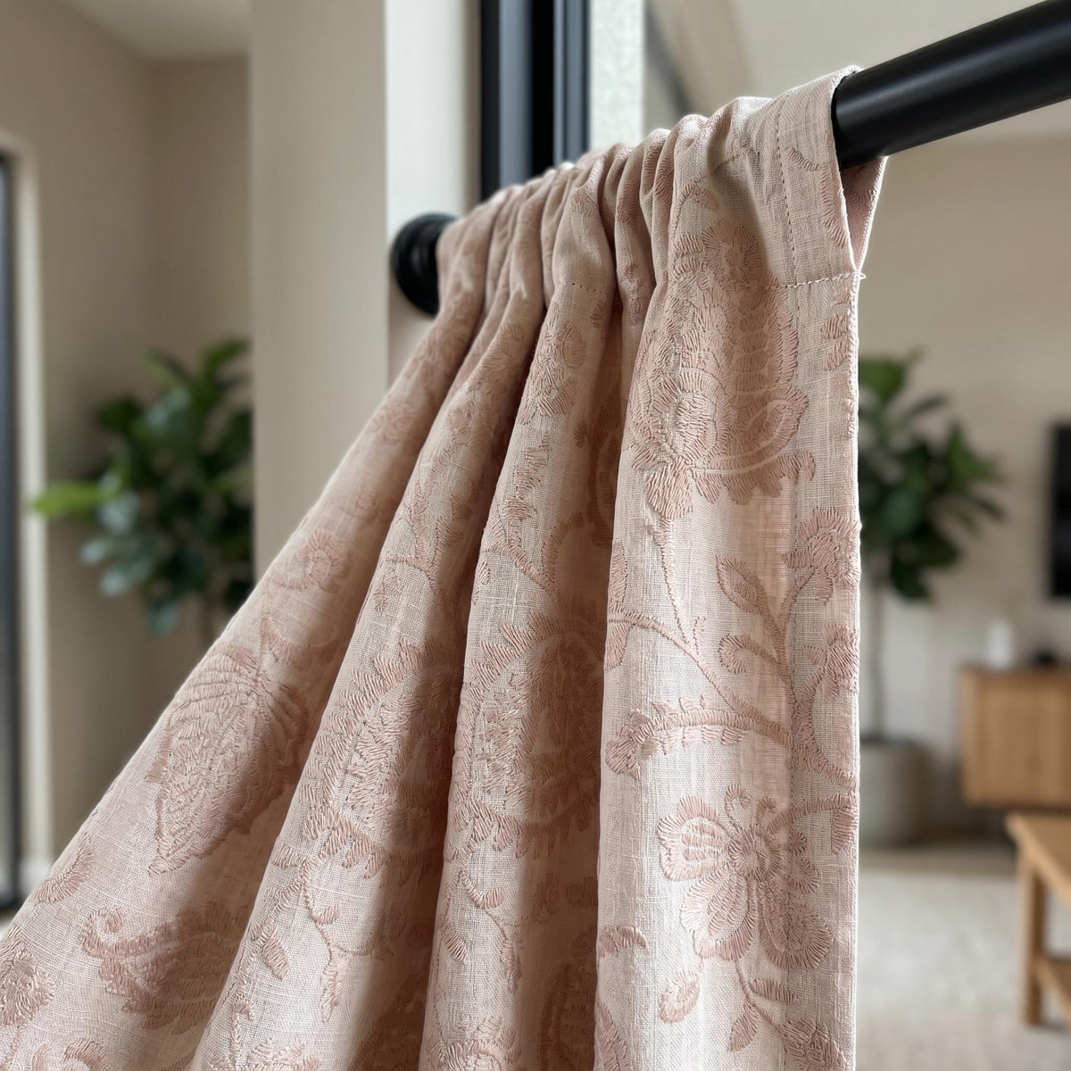 Light Pink Linen Curtains, Blush Floral Vine Embroidered Drapes, Heavy Linen Blackout Custom Window Panels — image 7