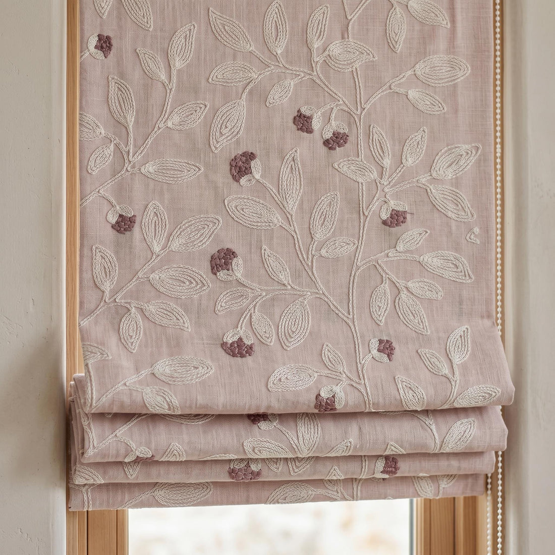 Blush Pink Linen Roman Shade, Ivory Embroidered Floral Vine Blind, Custom Corded Blackout or Cotton Lined Window Shade — image 1