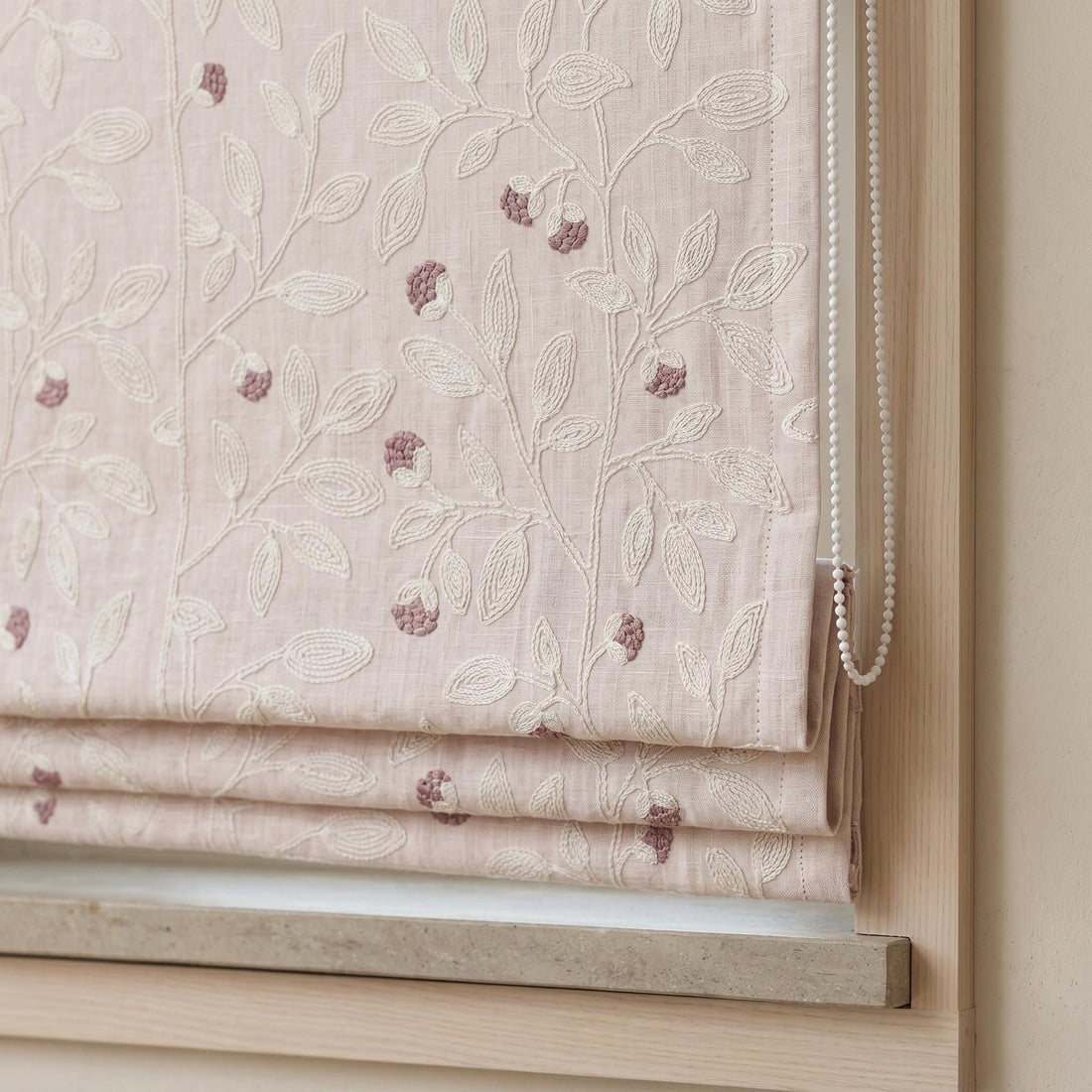 Blush Pink Linen Roman Shade, Ivory Embroidered Floral Vine Blind, Custom Corded Blackout or Cotton Lined Window Shade — image 1
