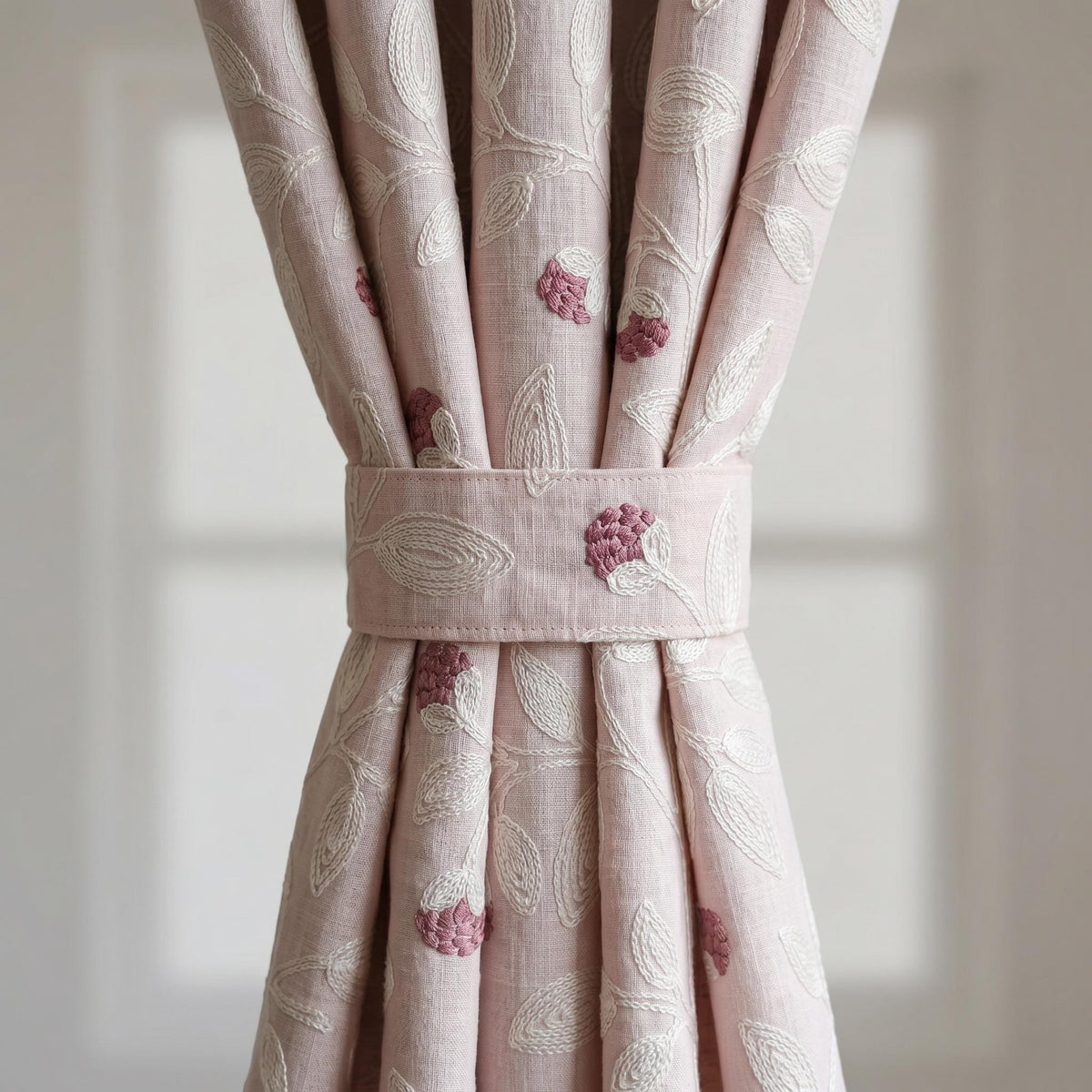 Light Pink Linen Curtains, Ivory Leaf Vine Embroidered Drapes, Mauve Floral Buds, Custom Blackout Panels — image 3