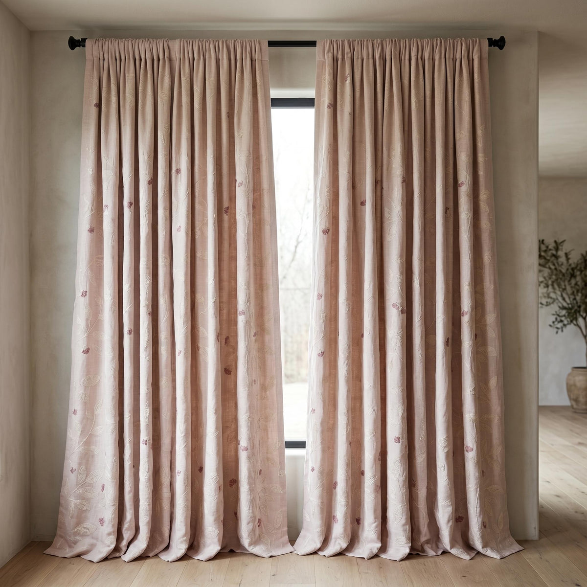 Light Pink Linen Curtains, Ivory Leaf Vine Embroidered Drapes, Mauve Floral Buds, Custom Blackout Panels — image 9