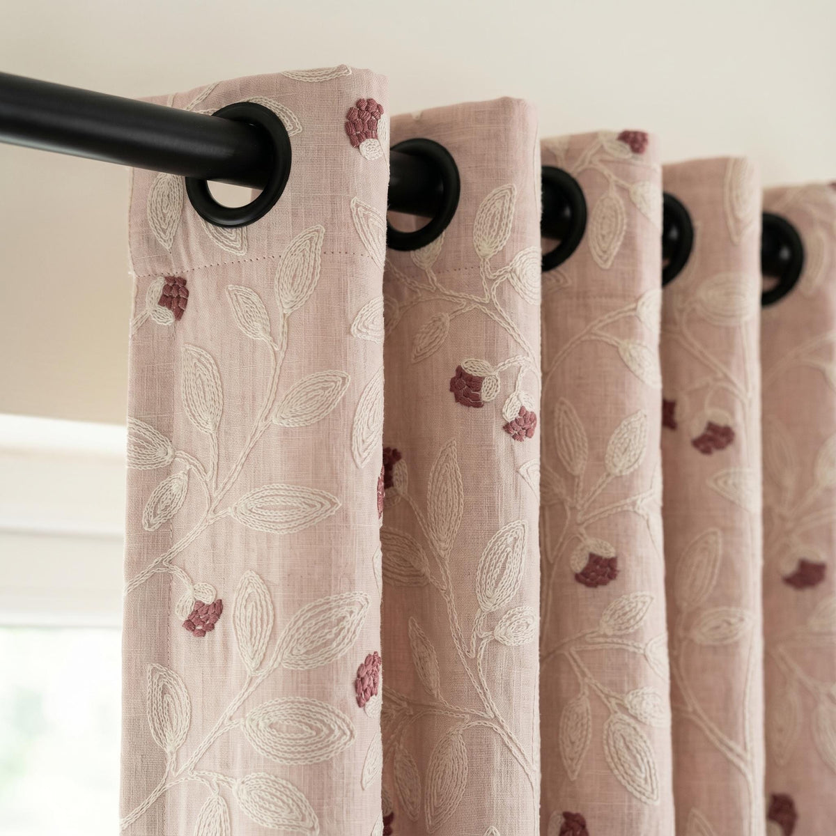 Light Pink Linen Curtains, Ivory Leaf Vine Embroidered Drapes, Mauve Floral Buds, Custom Blackout Panels — image 8