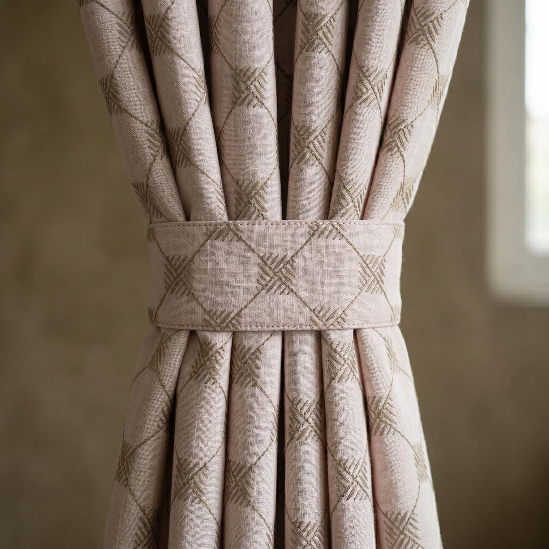 Light Pink Linen Curtains, Taupe Diamond Trellis Embroidered Drapes, Heavy Linen Blackout Custom Panels — image 1